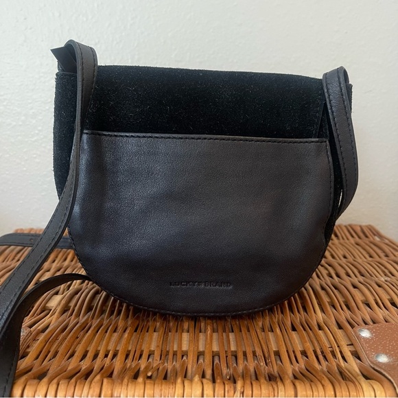 Lucky Brand Mini Saddle Bag Crossbody Black Suede Tassel Adjustable Leather Boho - Picture 3 of 14